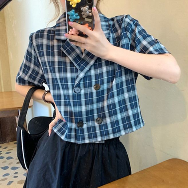 메이킹유 여름 아우터 체크자켓 크롭 투버튼 카라넥 8171라에라자켓
