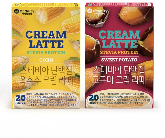 한국맥널티 스테비아 단백질 고구마 옥수수 크림 라떼, 2개, 20개입, 18g - 쿠팡