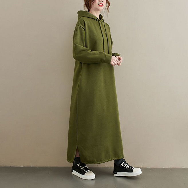 ROYALBELLE 여성 롱기장 원피스 후드 캐주얼 데일리 따뜻한 루즈핏 긴팔 기모 롱원피스 I092801