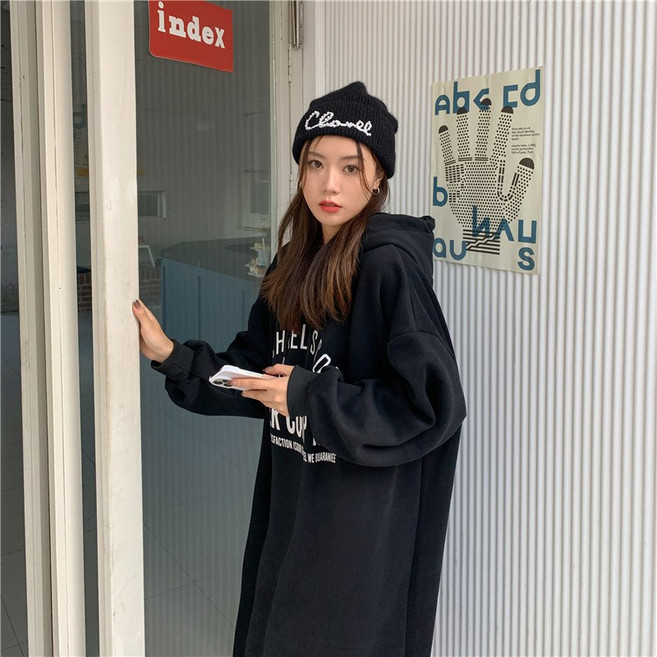 梨卡 女款加絨加厚長版連身帽T洋裝 冬季保暖穿搭 WT027, 黑色-現貨馬上出貨