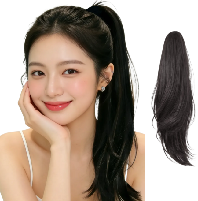 지니판 강력고정 큰집게형 C컬 레이어드컷 포니테일 긴머리 가발, 1개, 내츄럴블랙