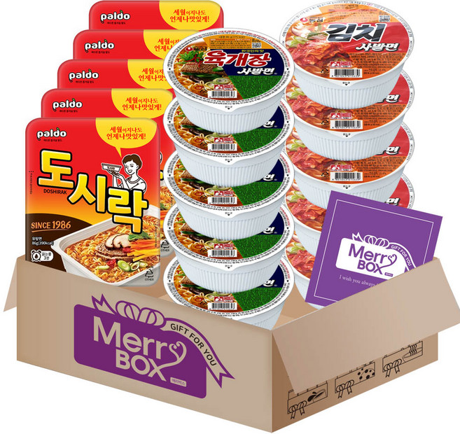 메리박스 컵라면세트 3종 15개 (육개장사발면+김치사발면+팔도 도시락)+메세지카드, 1박스