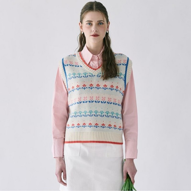 비키 배색 플라워 패턴 브이넥 베스트 TIVCB2923