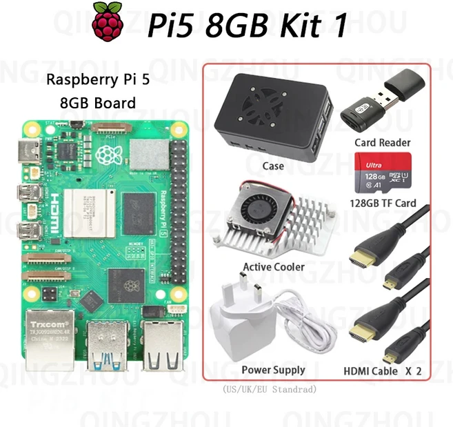 라즈베리 파이 5 개발 키트 보드 선풍기 케이스 공식 전원 장치 HDMI 액티브 쿨러 128GB TF, 01 KIT 1, 02 EU Standrad
