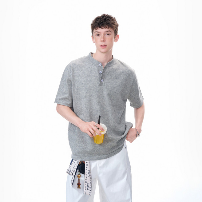 美式復古亨利領短袖針織T恤