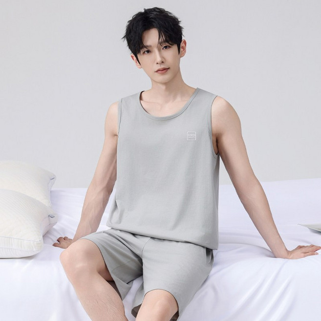 남성용 썸머 잠옷 세트 순면100% 쾌적 소프트 반팔 반바지 파자마 홈웨어 U-0561