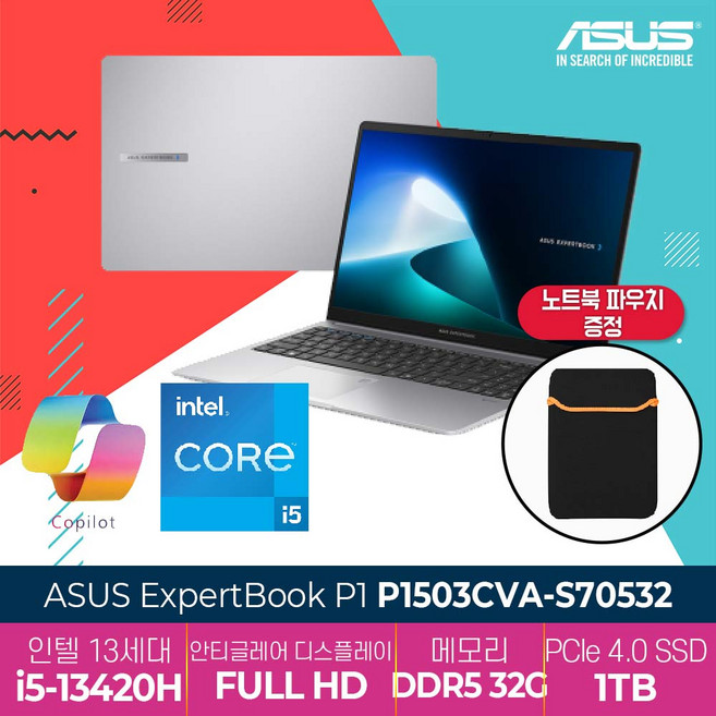 ASUS ExpertBook P1 P1503CVA-S70532, WIN11 Pro, 32GB, 1TB, 미스티 그레이
