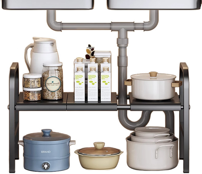 ZOZOFO 길이조절 싱크대정리선반, 블랙, 1개