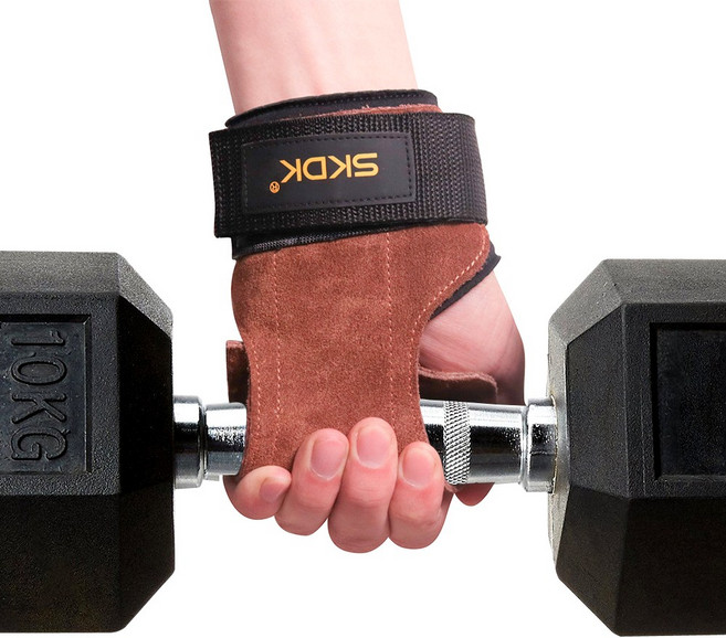 SKDK 가죽 헬스스트랩 조그립 양손 장갑 세트, 브라운, 1개