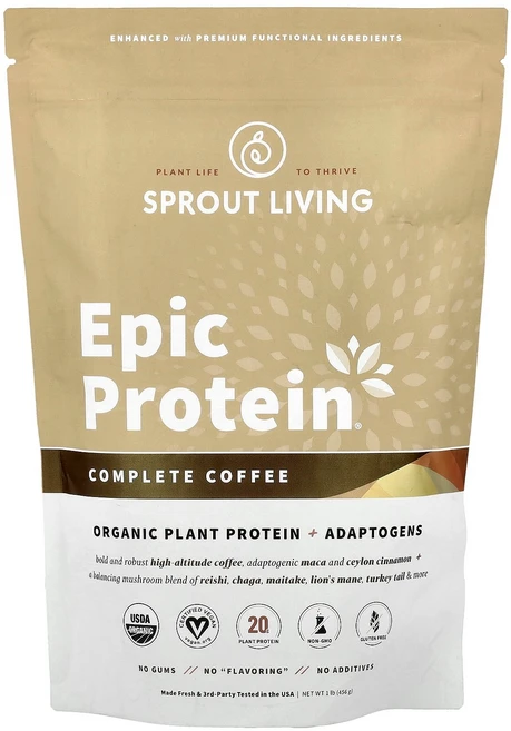 Sprout Living 스플라우트 리빙 에픽 식물성 단백 아답토젠 커피 456g 파우더 프로틴 단백질보충제 - 쿠팡