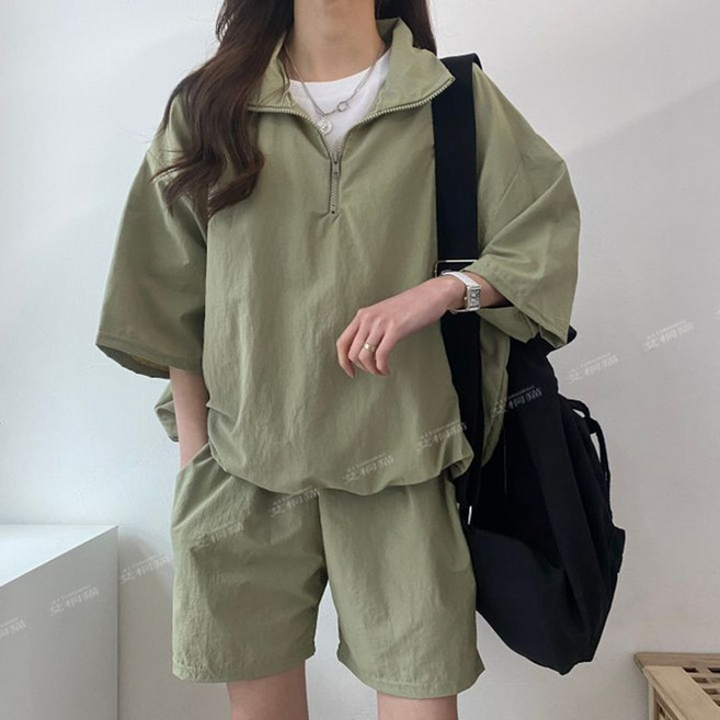 여름 반지퍼 아노락 캐주얼세트 여성용 루즈핏 트레이닝 반팔 반바지 투피스 순색 무지 학생 운동세트 빅사이즈