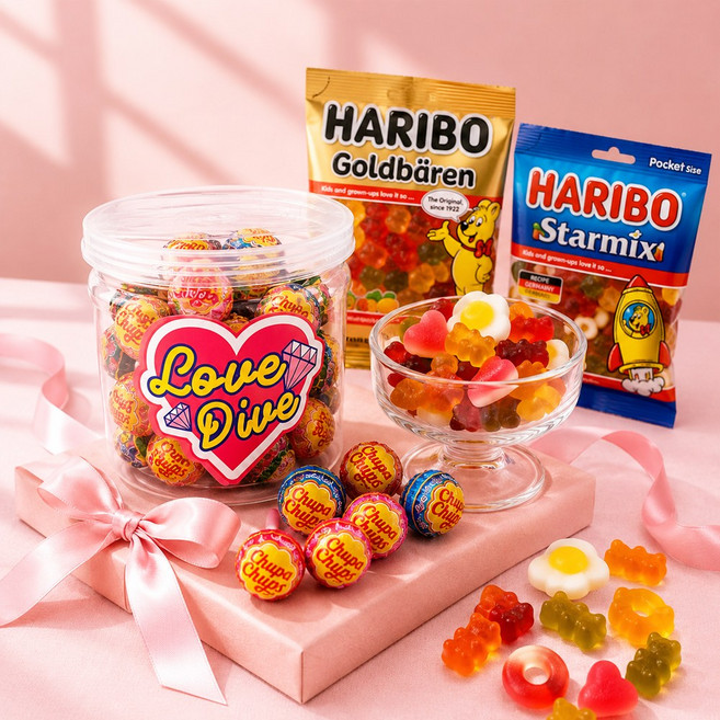 츄파춥스 18개입 + 하리보 2종 100g x 2개 선물세트 (골드베렌 스타믹스 각한개) 생일 수능 시험 합격 사탕 젤리, 367.4g, 1세트