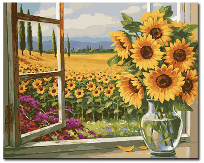 DIY캔버스페인팅 명화그리기 액자 그림 세트 유화 - 정물 40x50, S69_창가 해바라기, 1개