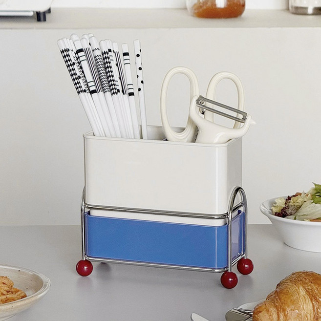 피카우스 칸막이 물빠짐 수저통 식탁 수저 정리함 보관함 조리도구통, 1개, 블루 레드볼