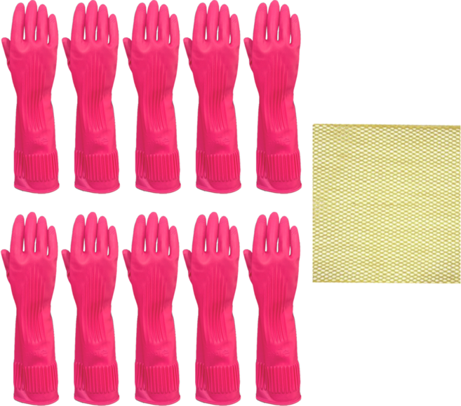 마미손 오른손 고무장갑 중M 핑크 10개 망사수세미1장 색상랜덤, 5세트, 중(M)