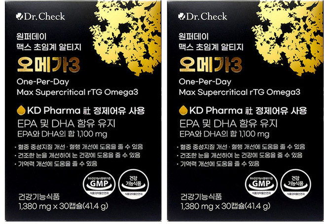 닥터체크 원퍼데이 맥스 초임계 알티지 1100mg 오메가3 30캡슐 2박스 2개월분, 30정, 2개