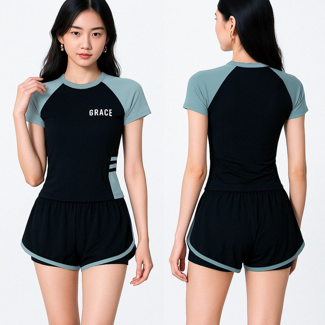 스토리원 WM-SSOS001 여성 반팔 반바지 수영복 래쉬가드 상하의 세트, 블랙그린