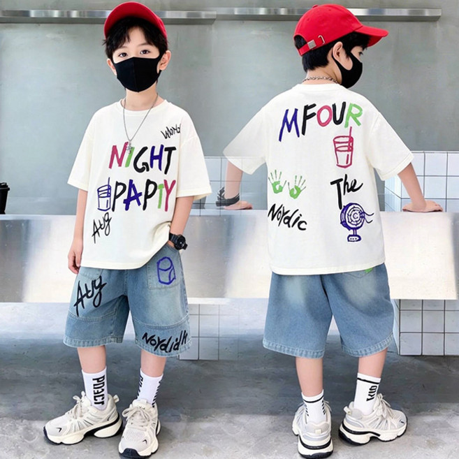 비비키드 남아 여름 NIGHT PAPTY 레터링 페인팅 상하복 주니어 세트 초중생 반팔티 초등생 데님 반바지 세트 (2622)
