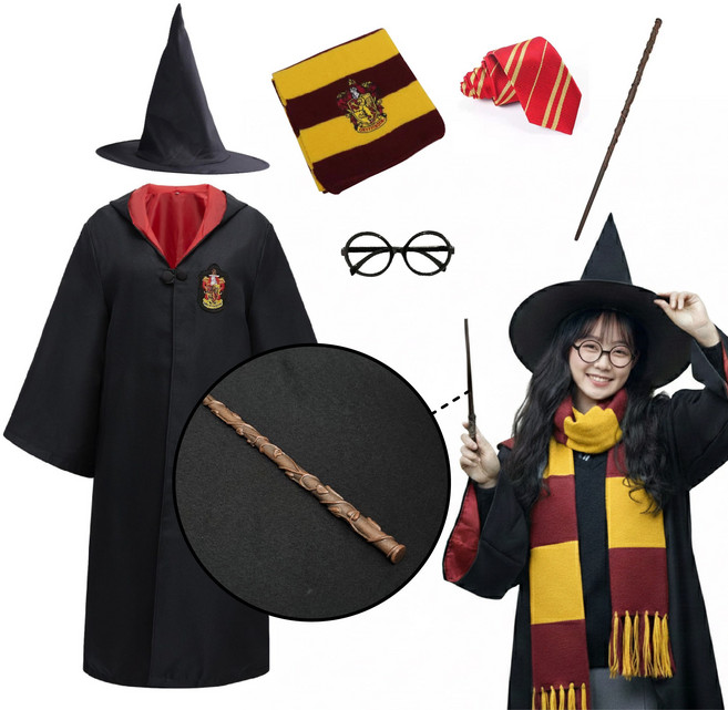 [청춘교복] 고퀄리티 해리포터 헤르미온느 지팡이 6종세트 로브+머플러+수동무지타이+안경+지팡이+모자 코스프레 할로윈 마법사 졸사 졸업사진