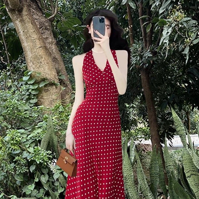 紅色波點掛脖吊帶連衣裙女夏旅遊絕美海邊度假沙灘長裙子