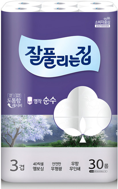 잘풀리는집 명작 순수 3겹 고급롤화장지, 30m, 30개입, 1개