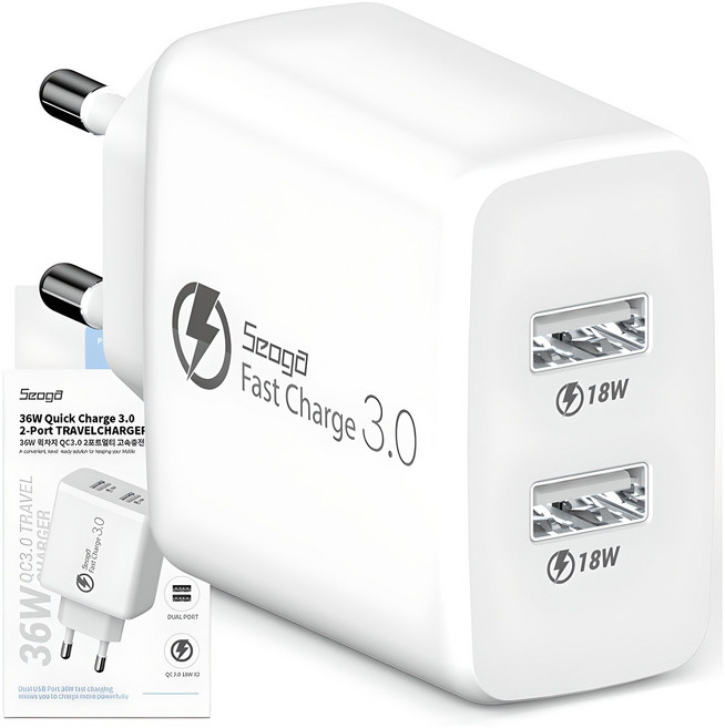 서가 퀵차지 USB 동시 고속 충전기 어댑터 36W QC3.0 2포트 멀티, 화이트, 1개