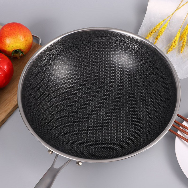 스텐레스 후라이팬 논스틱 냄비 가정용 가스레인지 적용 인덕션 가스레인지 볶음요리 미유연, 양면프라이팬(덮개없음), 속이 빈 귀 36cm, 1개