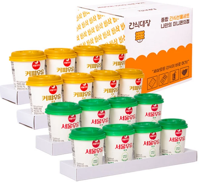 [간식대장] 추억의맛 서울우유 8개+커피우유 8개 원컵 총16개 서울우유 커피우유 초코우유 흰우유 컵 우유 식사대용 한끼, 25g, 1세트, 16개입 - 쿠팡