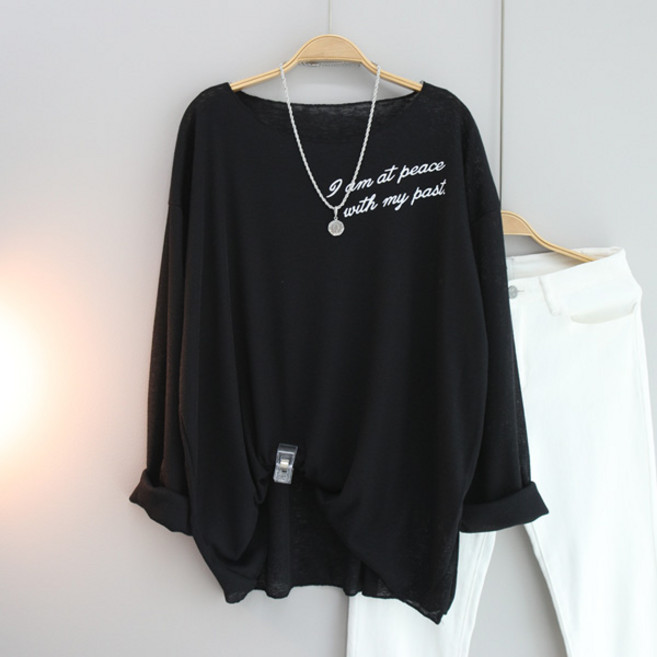 달콩 여성 빅사이즈 여름긴팔 시스루 파트레터링루즈핏니트티