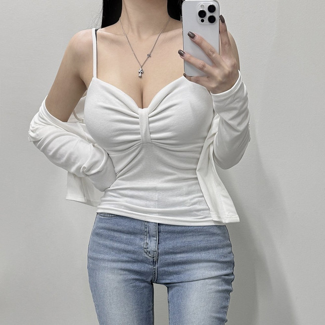 VANANA2 볼륨핏 러블리st 리본 셔링 포인트 발레코어 끈 나시 탑 슬리브리스