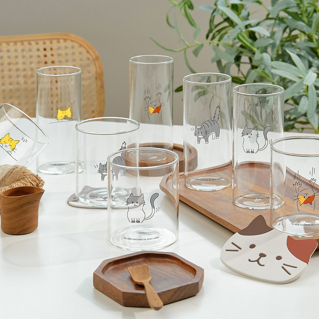 [자체제작] 코지테이블 미우캣츠 귀여운 고양이 캐릭터 글라스 유리컵, 와이드 글라스 500ml, 샤이캣, 1개