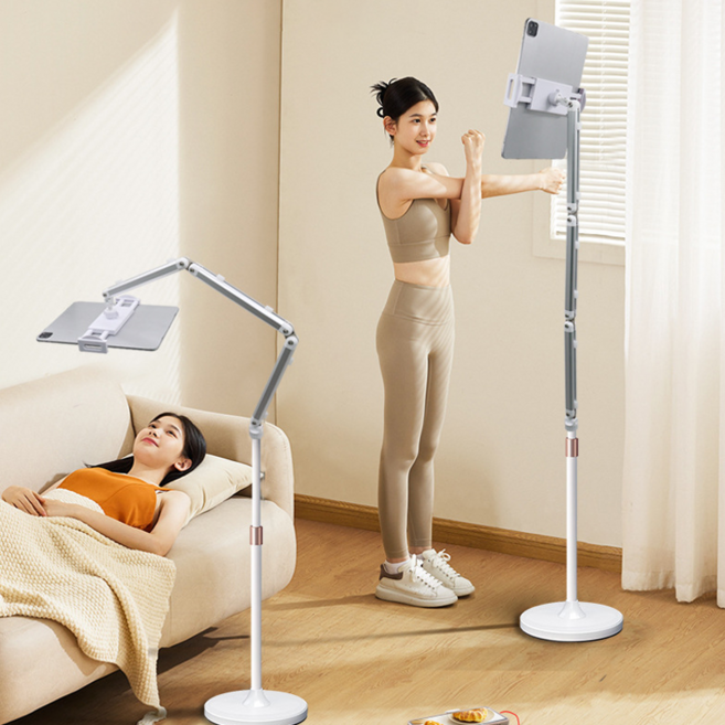 호밍사이 견고한 휴대폰 스탠드 스마트폰과 태블릿 모두 사용할 수 있습니다. 3세그먼트 접이식 내장 케이블 관리 슬롯, 화이트, 1개, 60~160cm