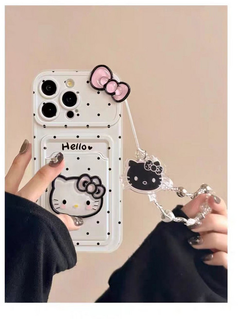 입체 키티 리본 아이폰16프로케이스 카드 지갑 + 입체리본 키티핸드폰줄