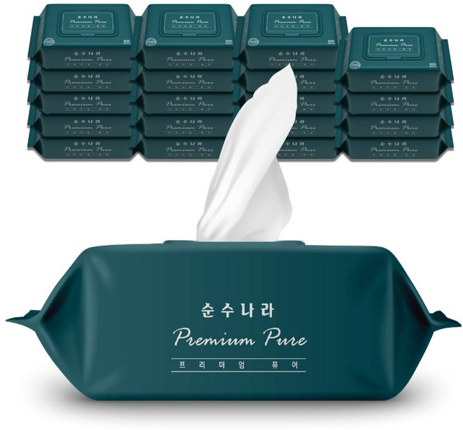 순수나라 프리미엄 퓨어 물티슈 100매 20팩 제주도 꽃추출물 부드러운 엠보싱 캡형 물티슈, 20개, 100개입