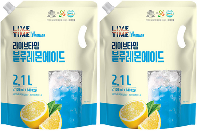 [태웅식품본사] 라이브타임 블루레몬에이드 '카페에서 마시던 감성에이드 이젠 집에서! 6월 특가' '색감부터 기분 좋아지는 블루레몬 홈카페용 상큼한 청량 과일음료 대용량', 2개, 2.1L