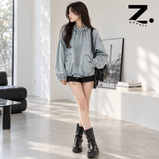 4위 - Zoovit 여성 캐주얼 워크웨어 데님 재킷 미국식 빈티지 지퍼 데님 청자켓