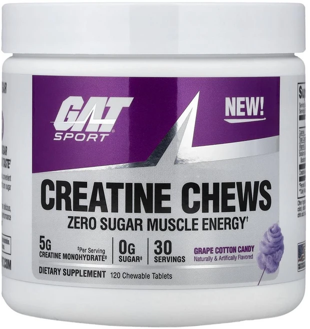 GAT 스포츠 크레아틴 츄 그레이프 코튼 캔디 Sport Creatine Chews Grape Cotton Candy 120정, 1개 - 쿠팡