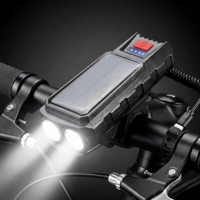 샤이닝 태양광 충전식 LED 자전거라이트 전자벨 후미등 세트, 1개