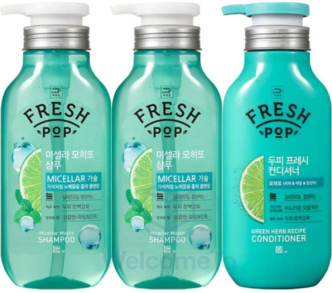[미쟝센]프레시팝 미셀라 모히또 샴푸 500mlx2개 + 컨디셔너 500ml 정수리냄새케어