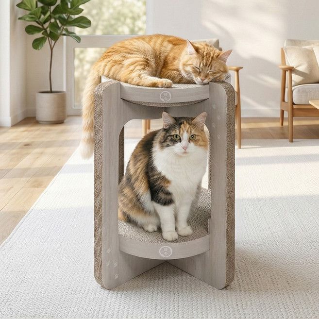 네코이찌 대형 침대 캣타워 고양이 원형 2단 스크래쳐, 내추럴, 1개