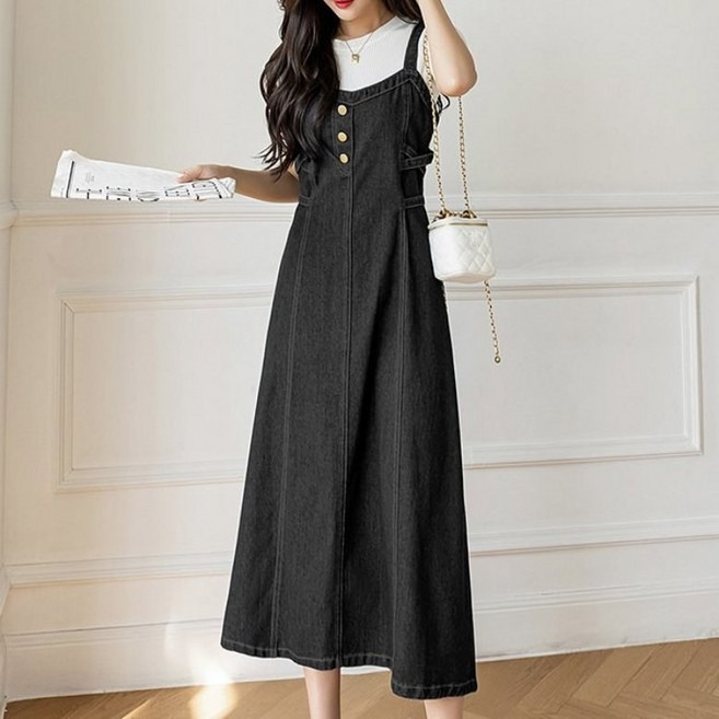 아이엠몽 여성 데님 뷔스티에 롱 원피스