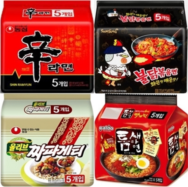 [한번에먹자쇼핑몰]인기라면 모음 멀티팩 신라면(5입)+불닭볶음면(5입)+짜파게티(5입)+틈새라면(5입) 총20개입 봉지라면 간식 야식 취향저격, 20개