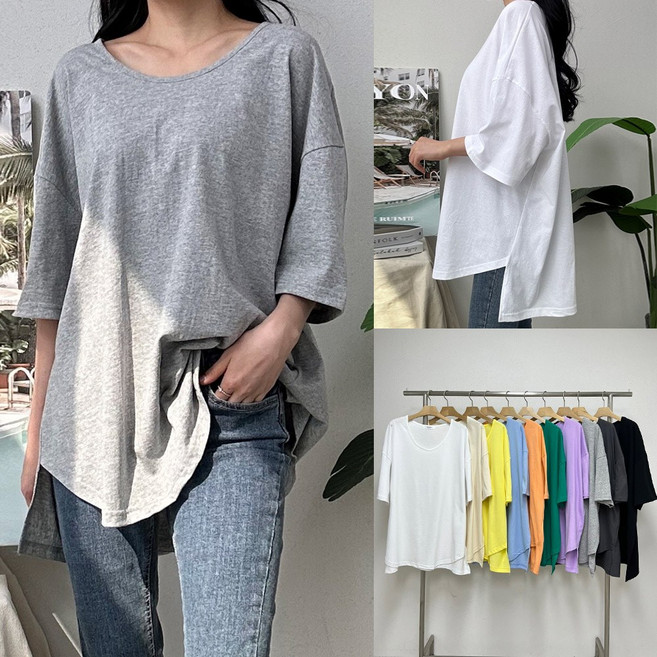 빅사이즈 여성 언발 무지 라운드 티셔츠 사계절 베이직 유넥 반팔 언발란스티 데일리