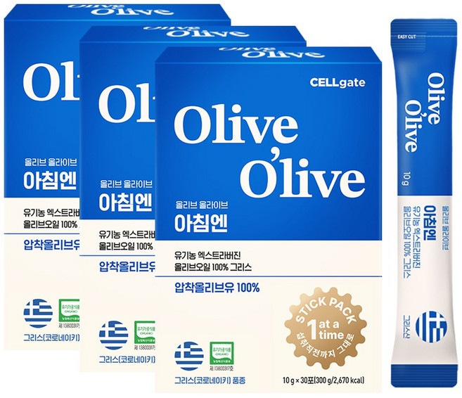 셀게이트 올리브올라이브 아침엔 유기농 엑스트라버진 올리브오일 그리스 30p, 300g, 3개
