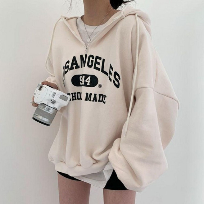 레터링 반집업 오버핏 후드티 여성 상의 지퍼 루즈핏