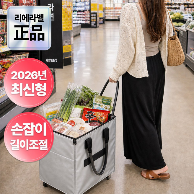 리에라벨 3세대 롤링 쇼핑카트 PRO 무소음 바퀴 대용량 접이식 장바구니, 1개, 메탈실버