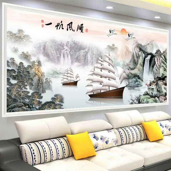 보석십자수 수묵 담채 산수와 고요한 배 유영하는 동양풍 풍경 감성 힐링 집꾸미기 선물용, 1세트