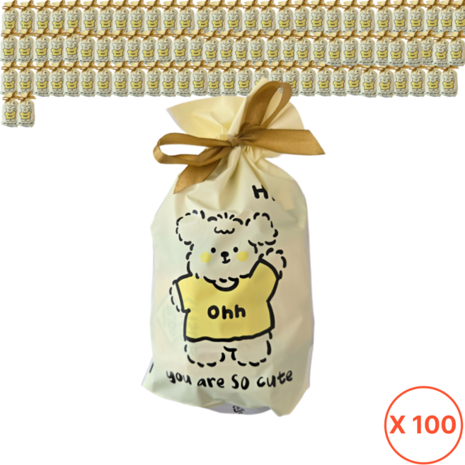 해피쇼핑 구디백 비닐 선물봉투 단체 어린이집 생일 간식 답례품 포장 과자 사탕 복주머니, 100개, 하이 곰돌이
