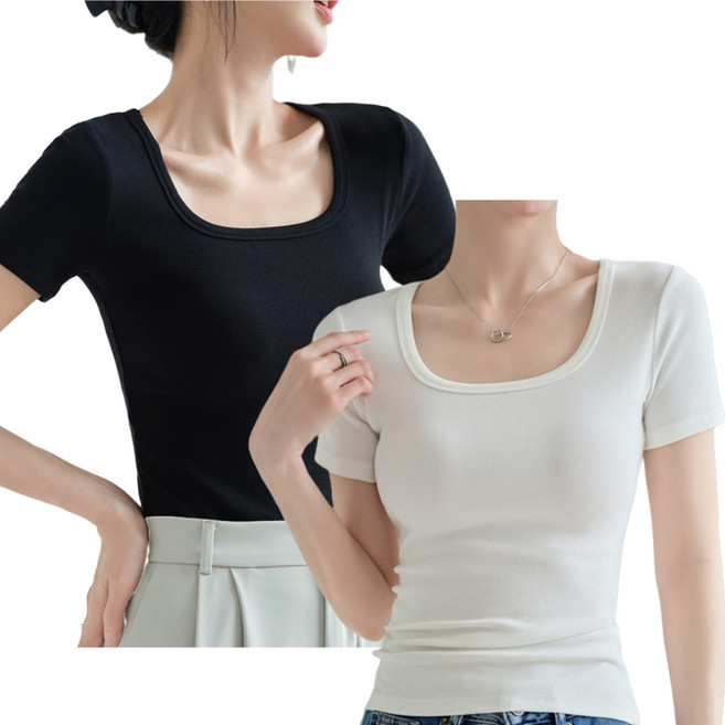 BY 여성 스퀘어넥 골지 반팔 티셔츠2P