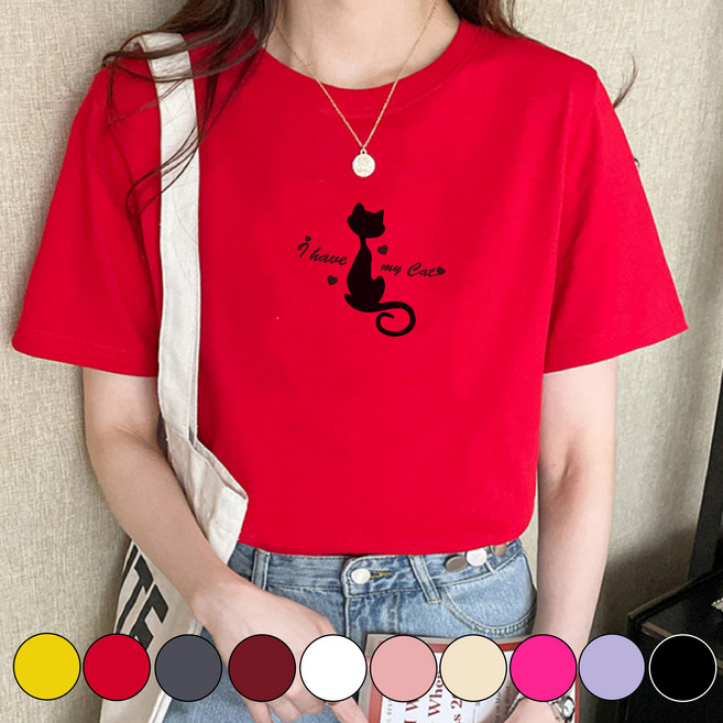 그리내 여성 라운드넥 여름 시원한 반팔티 러블리 캣 커플티 고양이 캐릭터 이너 홈웨어 프린팅 티셔츠